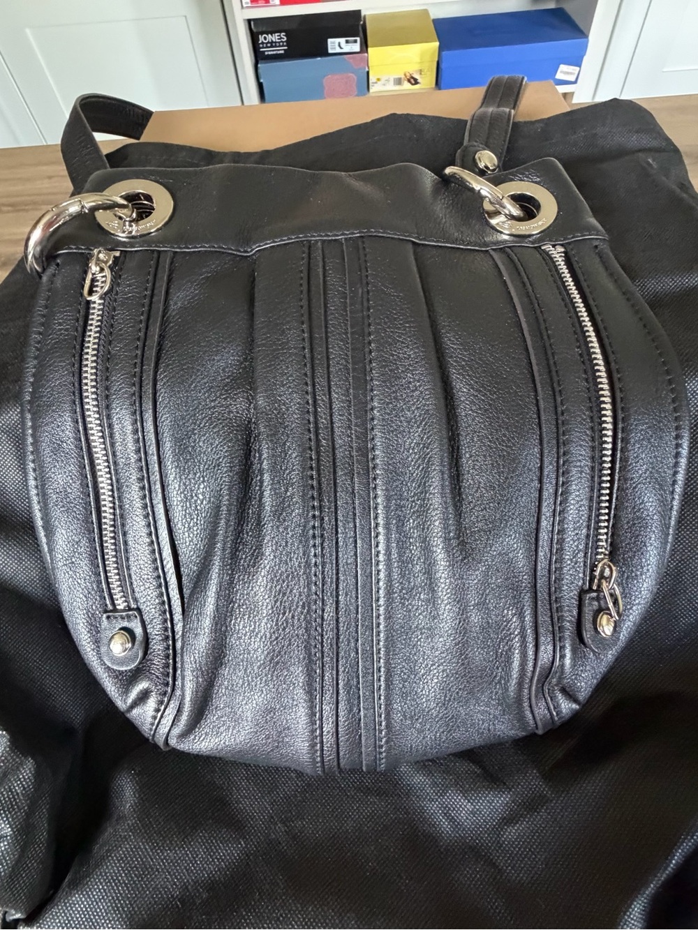 NWT B Makowsky Black Pebbled Leather Double Zip Hobo Shoulder Bag